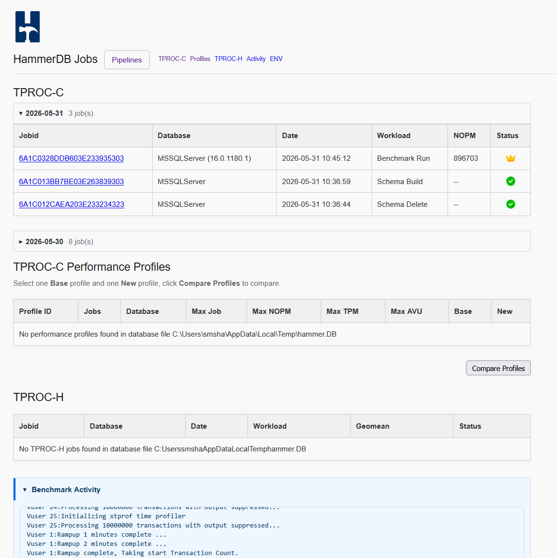 Completed benchmark job in HammerDB Web Service Jobs page