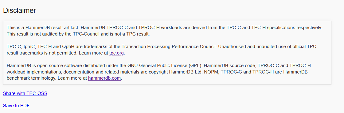 Share with TPC-OSS control on the benchmark report