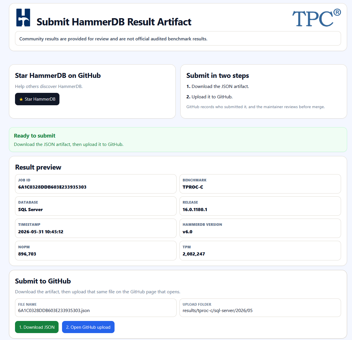 Submit HammerDB result artifact page